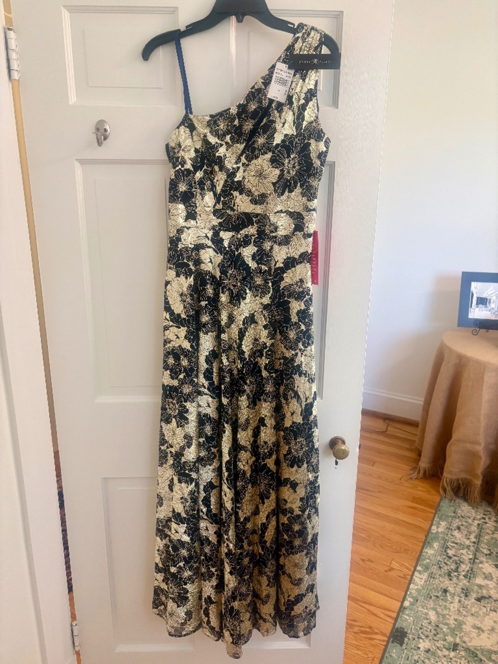 Betsy & Adam Black and Gold One-Shoulder Floral Maxi Dress
